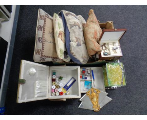 A small wooden jewelry box containing a quantity of costume jewelry together with a sewing box with contents and a further bo