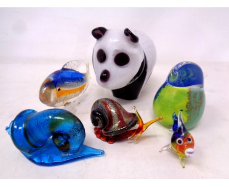 Six art glass figures to include a panda, fish, bird, snail etc