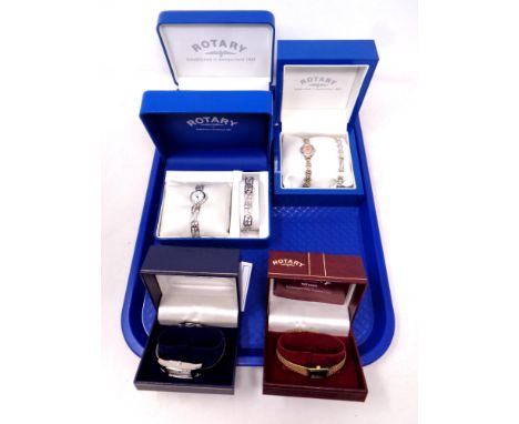 Three lady's Rotary wristwatch and bracelet sets together with two further lady's wristwatches (all boxed)