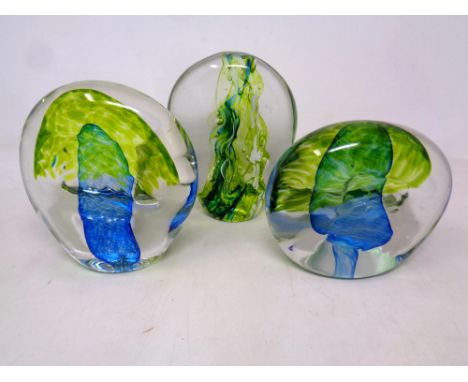 Three art glass paperweights