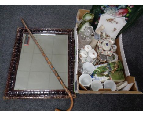 A framed bevel edged mirror together with a walking stick with metal badges and a box containing serving tray, antique china 