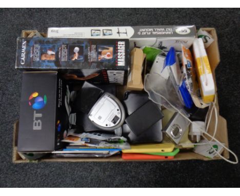 A box containing assorted electricals to include BT home phone, body massager, TV wall bracket, phone cases, screen protector