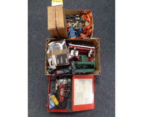 Two boxes of power tools, electric buffer polisher, harness, a further Kango 110V jigsaw in case 
