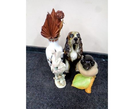 A Royal Dux figure of a parakeet (a/f), with two further ceramic figures of a spaniel and fish together with a ceramic vase 