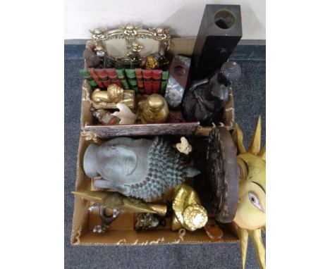 Two boxes containing contemporary ornaments to include eastern figures, Buddha's, Gods, tea light holders, cherub photo frame