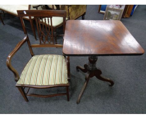 A 19th century inlaid mahogany armchair together with a further 19th century mahogany tile topped pedestal occasional table 