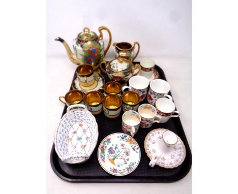 A tray of assorted ceramics, Japanese coffee service, antique Wedgwood coffee cans, Copeland Spode Fleur de Lys candlestick e