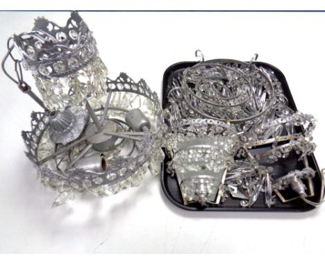 Two vintage metal light fittings with glass drops together with a pair of wall lights with glass drops 