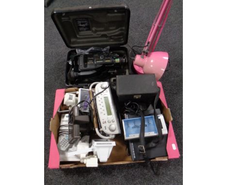 A box containing assorted electricals to include DVD player, Roberts DAB radio, Polaroid camera together with a pink angle po