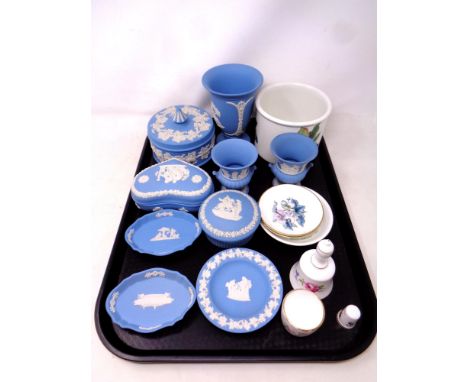 A tray of nine pieces of Wedgwood Jasperware together with further ceramics by Royal Worcester, Portmeirion and Coalport 