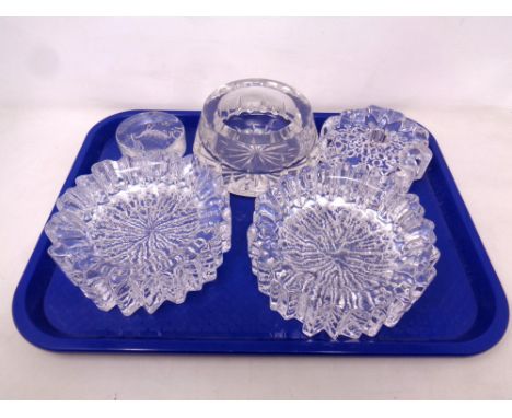 A tray containing five pieces of clear glassware to include a pair of shaped art glass bowls with further similar paperweight