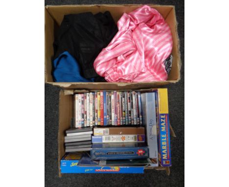 Two boxes of assorted lady's clothing, board games, jigsaws, Harry Potter calendars and DVD's 