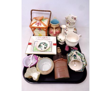 A tray of assorted ceramics to include Mason's Chartreuse, Denby stoneware William IV decanter, Carlton ware teacup etc 