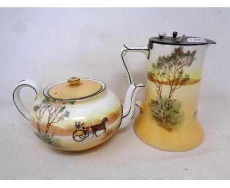 A Royal Doulton coaching scenes teapot and similar hunting scene lidded drinking vessel (2)