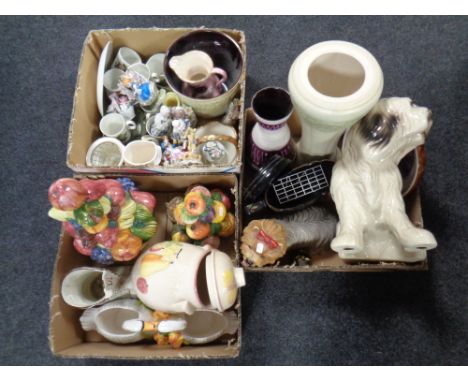 Three boxes of assorted ceramics to include table centre pieces, Rumtopf storage jar, Maling jug, West German planter on stan