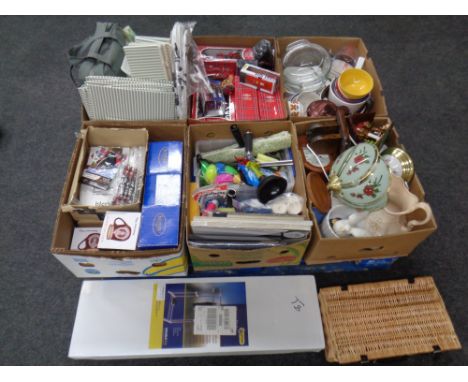 A pallet containing miscellanea to include Scottish tourists souvenirs, ceramics, clothes rail, picnic hamper, draw tidies, p