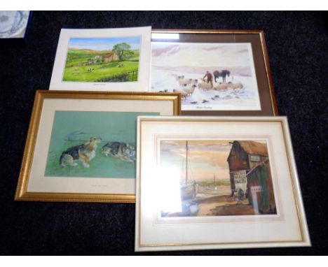 A K F Norman watercolour of a figure painting in boat yard, together with a further drawing of two dogs in gilt frame and mou