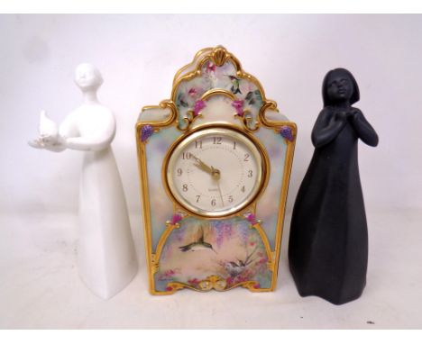 A Bradford Exchange Garden Whispers limited edition china mantel clock together with two Royal Doulton figures : Peace HN2470