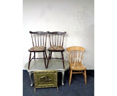 A pair of spindle back kitchen chairs together with a further pine spindle back kitchen chair, a painted French style coffee 