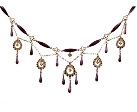 Marius Hammer (1847 - 1927), a Norwegian enamelled silver gilt festoon necklace, circa 1900, purple enamel lozenges, barrel c