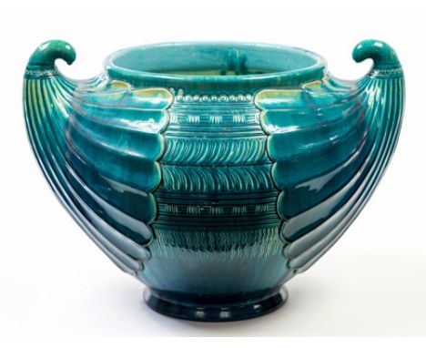 After Christopher Dresser's design for Linthorpe, a Bretby Art Pottery jardiniere, designed circa 1885, in the Aesthetic styl