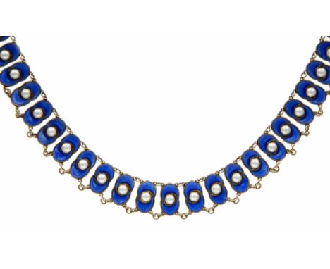 Asbjorn Birkelund, a Norwegian silver gilt and enamel necklace, 1950s, blue and white enamelled links, 39cm long