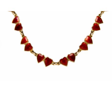 Opro of Norway, a silver gilt and enamel heart shaped bracelet, 1970s, red enamelling, 17.5cm long