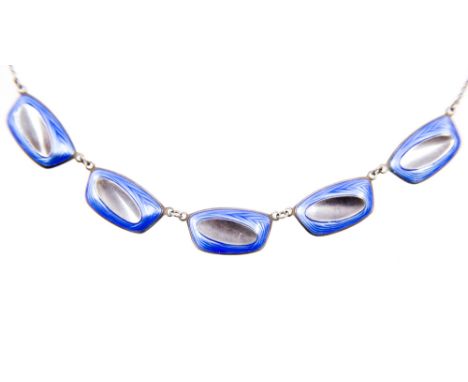A modernist Norwegian silver and enamelled necklace, circa 1950s, blue enamel rectangular links on chain, 39cm long