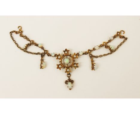 An Arts and Crafts opal and seed pearl chain link pendant or necklace section, circa 1885, set in yellow metal, 9cm long