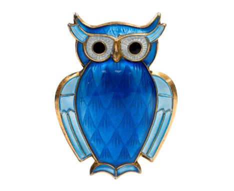 David Andersen, a Norwegian silver gilt and enamelled owl brooch, 1970s, blue enamel