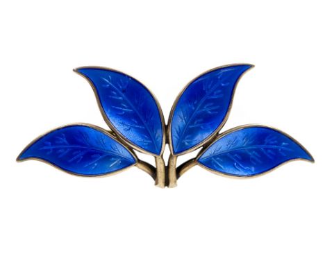 Willy Winneass for David Andersen, a 1950s Norwegian silver gilt and enamelled leaf brooch, blue enamel, signed