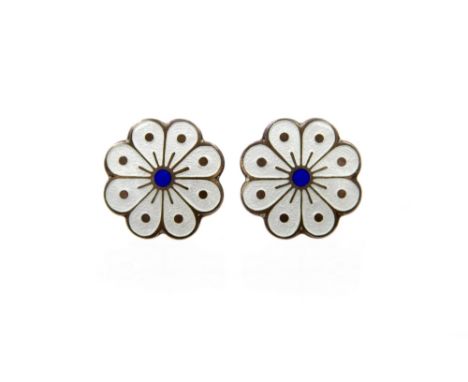 David Andersen, a pair of Norwegian silver gilt and enamelled starburst earrings, 1950s, white and blue enamel, clip on