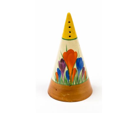 Clarice Cliff, a Crocus pattern conical sugar sifter or shaker, Wilkinson marks, cork stopper, 14cm high