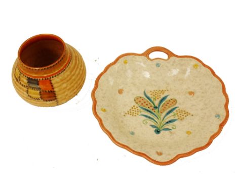 Charlotte Rhead for Bursley Ware, a TL65 jug, together with a Crown Ducal patch jug and TL25 dish (3)