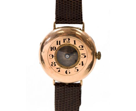 Rolex, a gentlemans 9 carat gold half hunter wristwatch, 1921, the the outer case with enamelled Arabic numerals and glass wi