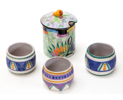 An Art Deco Carlton Ware preserve pot, cylindrical form with hand painted check design and pear finial, together with three A