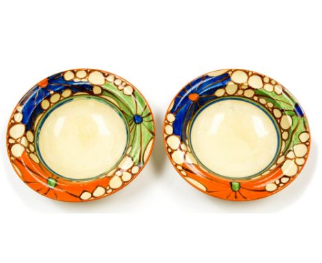 Clarice Cliff, a pair of Broth pattern soup or fruit bowls, Wilkinson Fantasque marks, 16cm diameter (2)