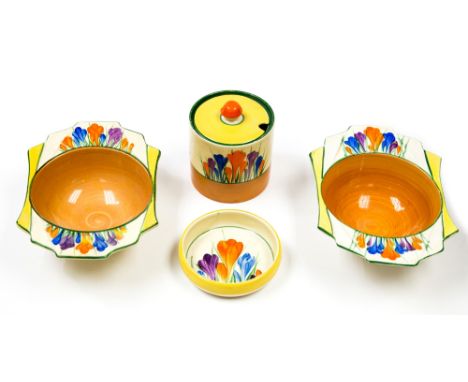 Clarice Cliff, a collection of Crocus pattern ceramics including grapefruit bowls, preserve pot and pin dish, Wilkinson and N