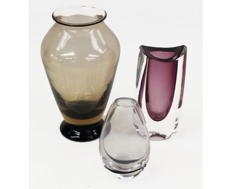 Three Scandinavian glass vases including Vicke Lindstrand Kontor vase for Kosta, Orrefors type footed vase and Afors vase by 