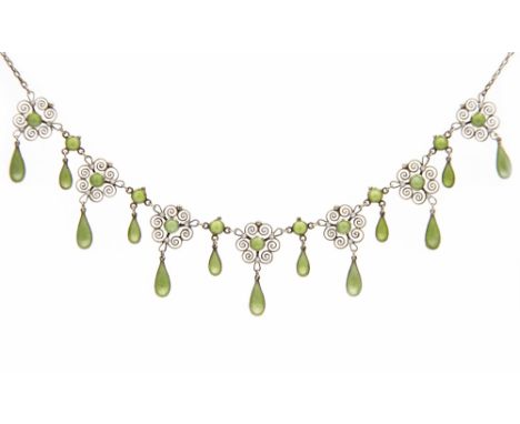 Marius Hammer (1847 - 1927), a Norwegian enamelled silver festoon necklace, circa 1900, green enamel drops and millegrain swi