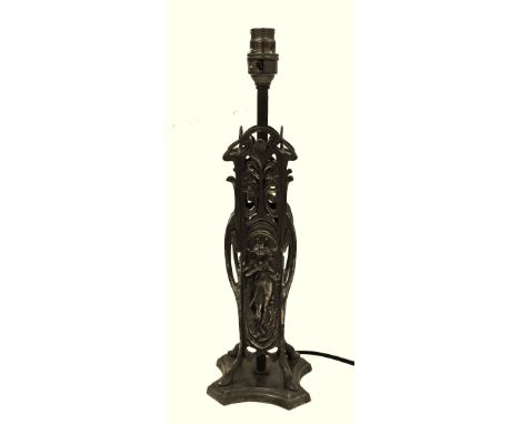 An Art Nouveau, Jugendstil silvered lamp base, in the style of WMF, each of the four sides cast and pierced with sinuous foli