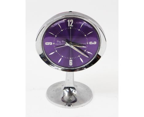 A 1960s Westclox Big Ben Repeater alarm clock, the 3.5 inch purple dial within a chrome lozenge case, on a pedestal base, 18c