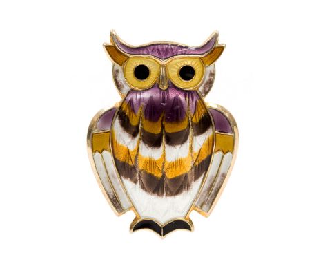 David Andersen, a Norwegian silver gilt and enamelled owl brooch, 1970s, purple, brown and white enamel