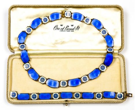 David Andersen, a modernist Norwegian silver gilt and enamel bracelet and necklace pair, the guilloche enamelled links altern