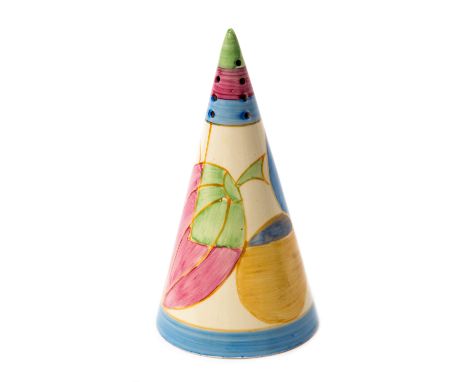 Clarice Cliff, a Pastel Melon sugar sifter, of conical form, Bizarre, Newport Pottery marks to base, 14.5cm high, together wi