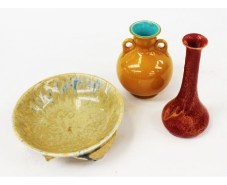 A collection of Art Pottery including Linthorpe twin handled vase, mustard yellow, spherical form with loop handles, impresse