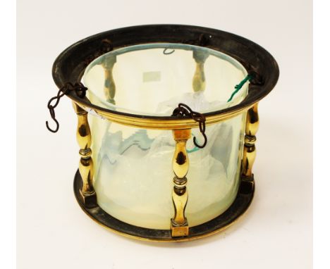 An Arts & Crafts vaseline blue opal glass and brass light fitting, the optic moulded cylindrical shade, possibly by Powell an