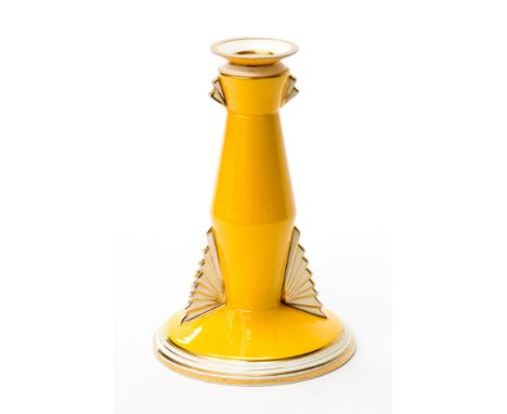 An Art Deco candlestick by Tuscan China, bright yellow angled baluster form with gilt highlighted fan segments, 19.5cm high