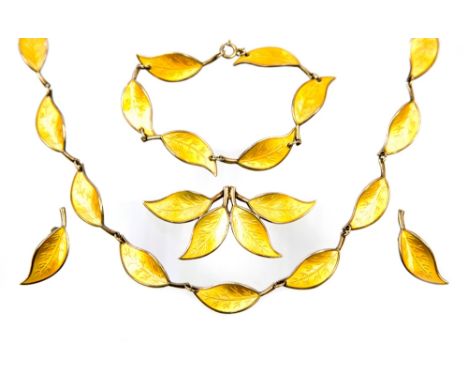 Willy Winneass for David Andersen, a 1950s Norwegian silver gilt and enamelled leaf design bracelet, necklace, earring and br