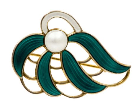 Aksel Holmsen (fl.1932 - c.1959), a Norwegian silver and enamelled brooch, 1940s, green and white enamel leaf design